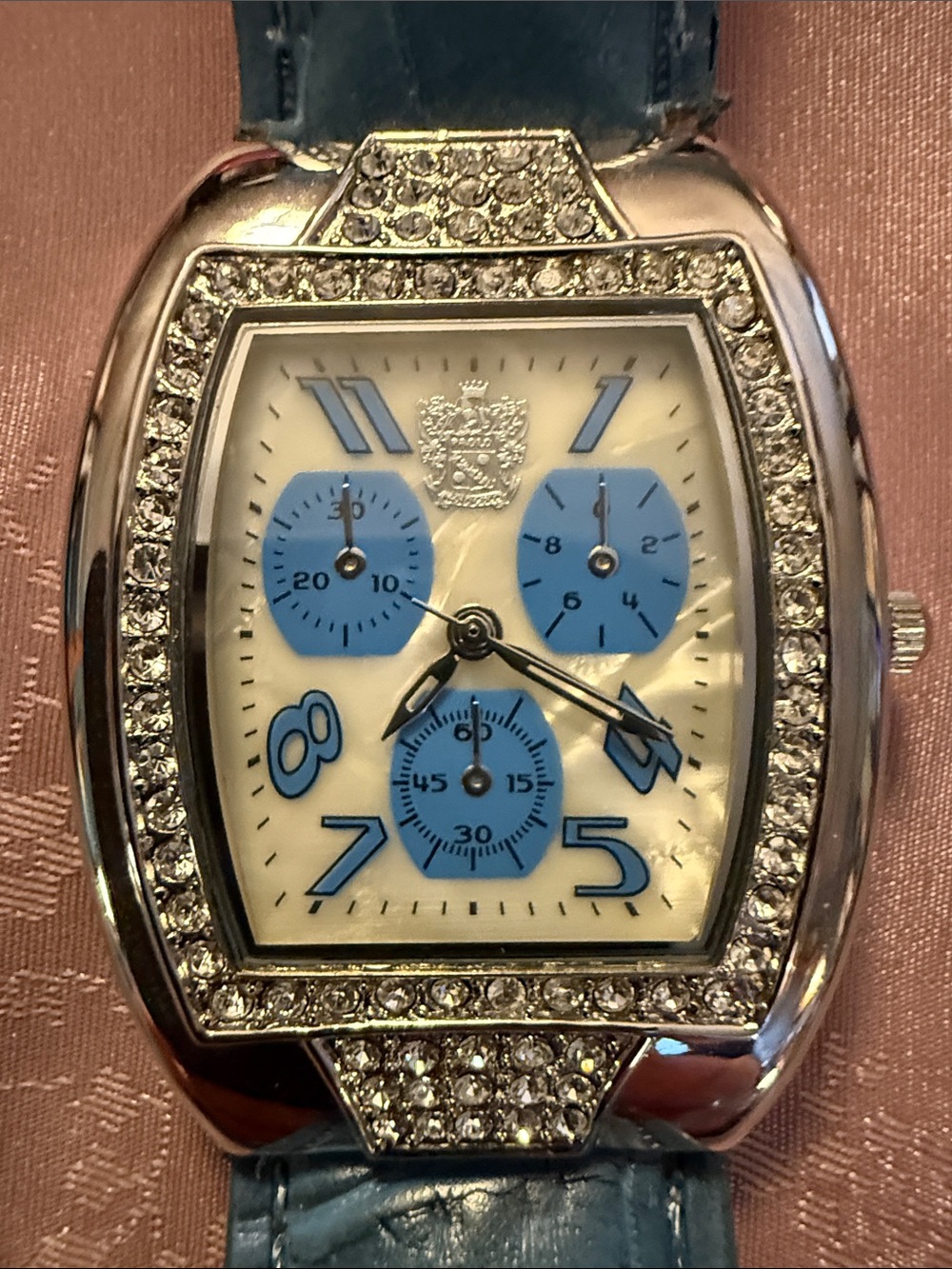 Crystal Accent Silver-Tone Watch with Blue Dial Accents